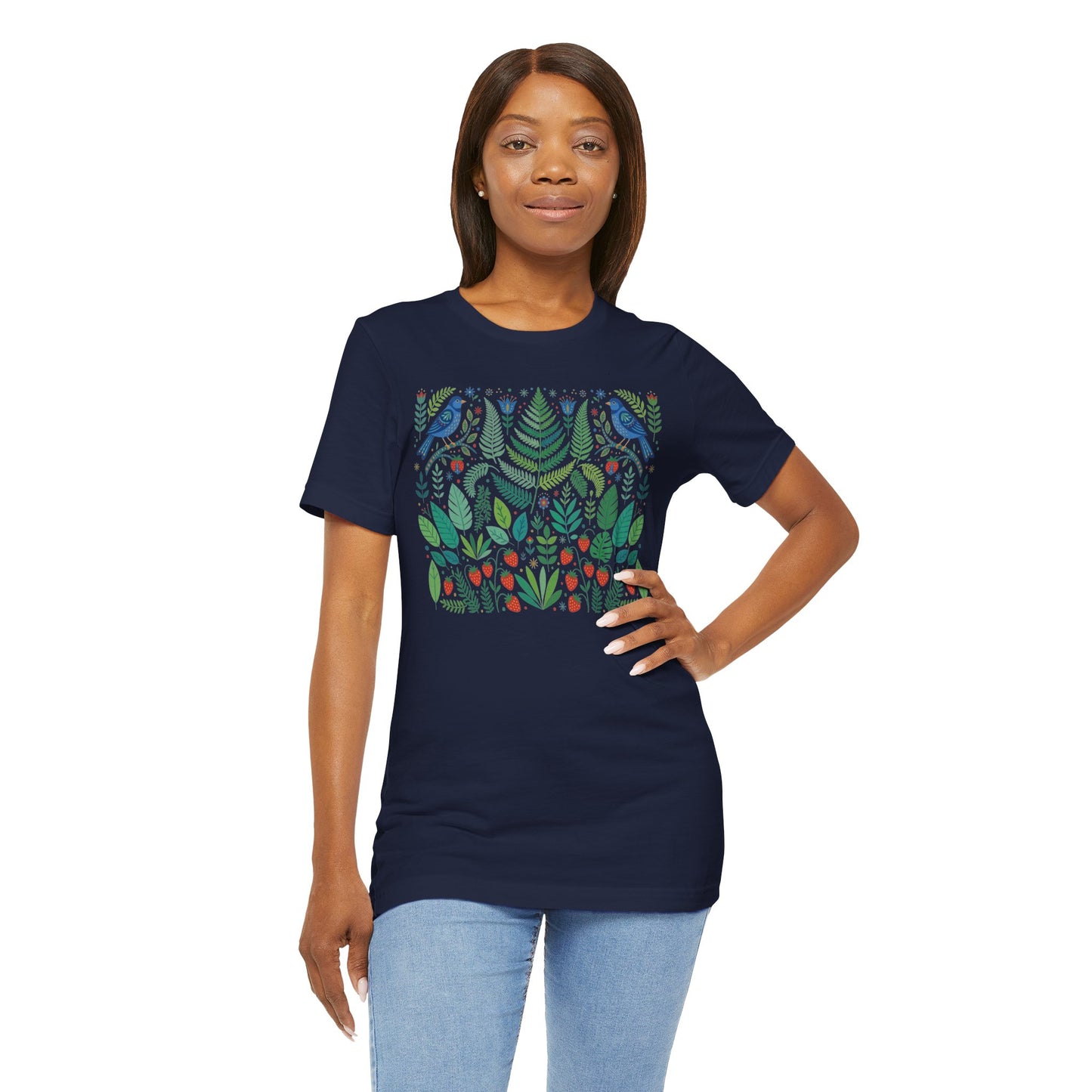 Folk Art Woodland Strawberry Shirt | Botanical Bird Nature Tee