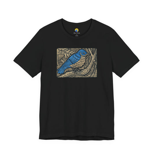 Bluebird Woodcut – Vintage-Inspired Bird Art Graphic Tee