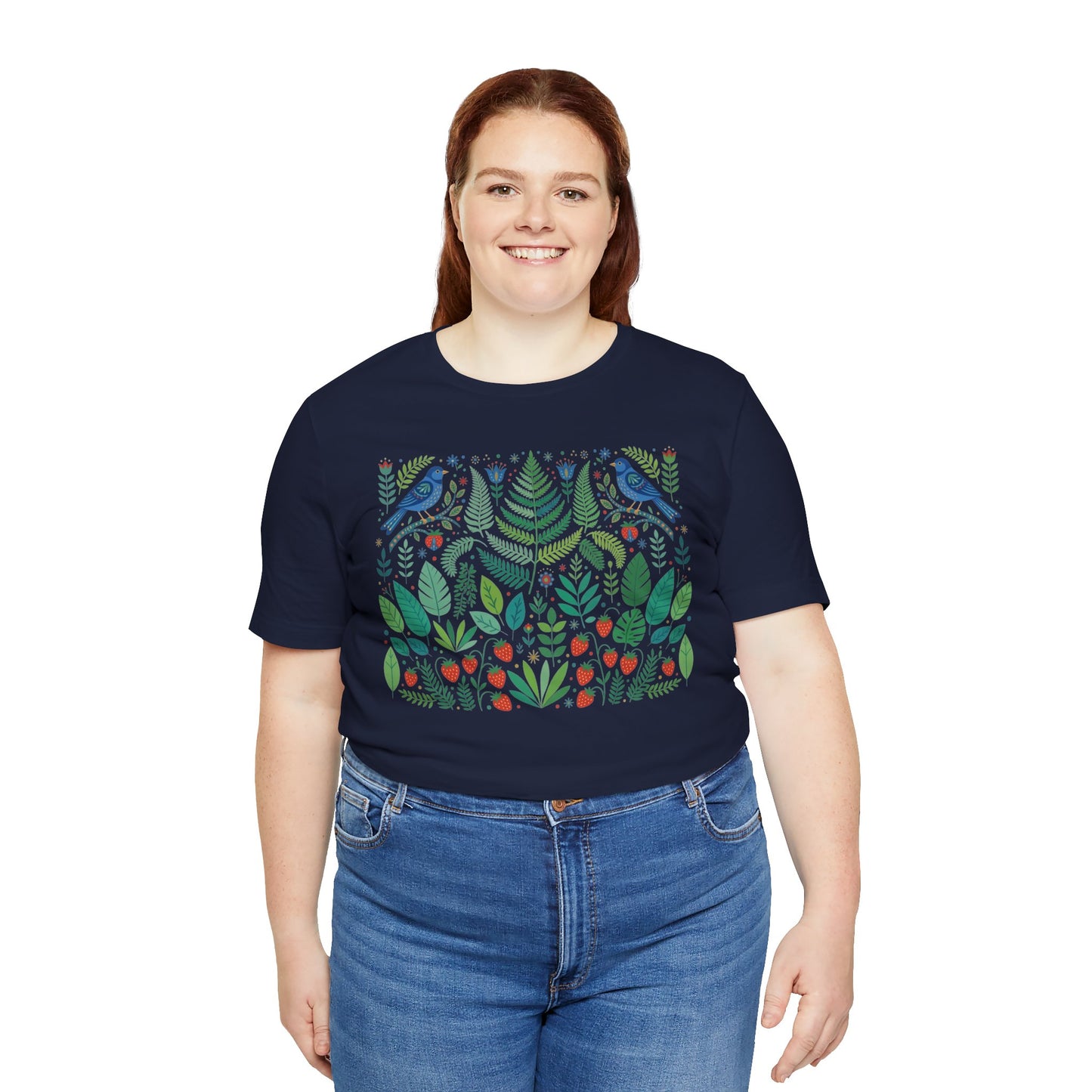 Folk Art Woodland Strawberry Shirt | Botanical Bird Nature Tee