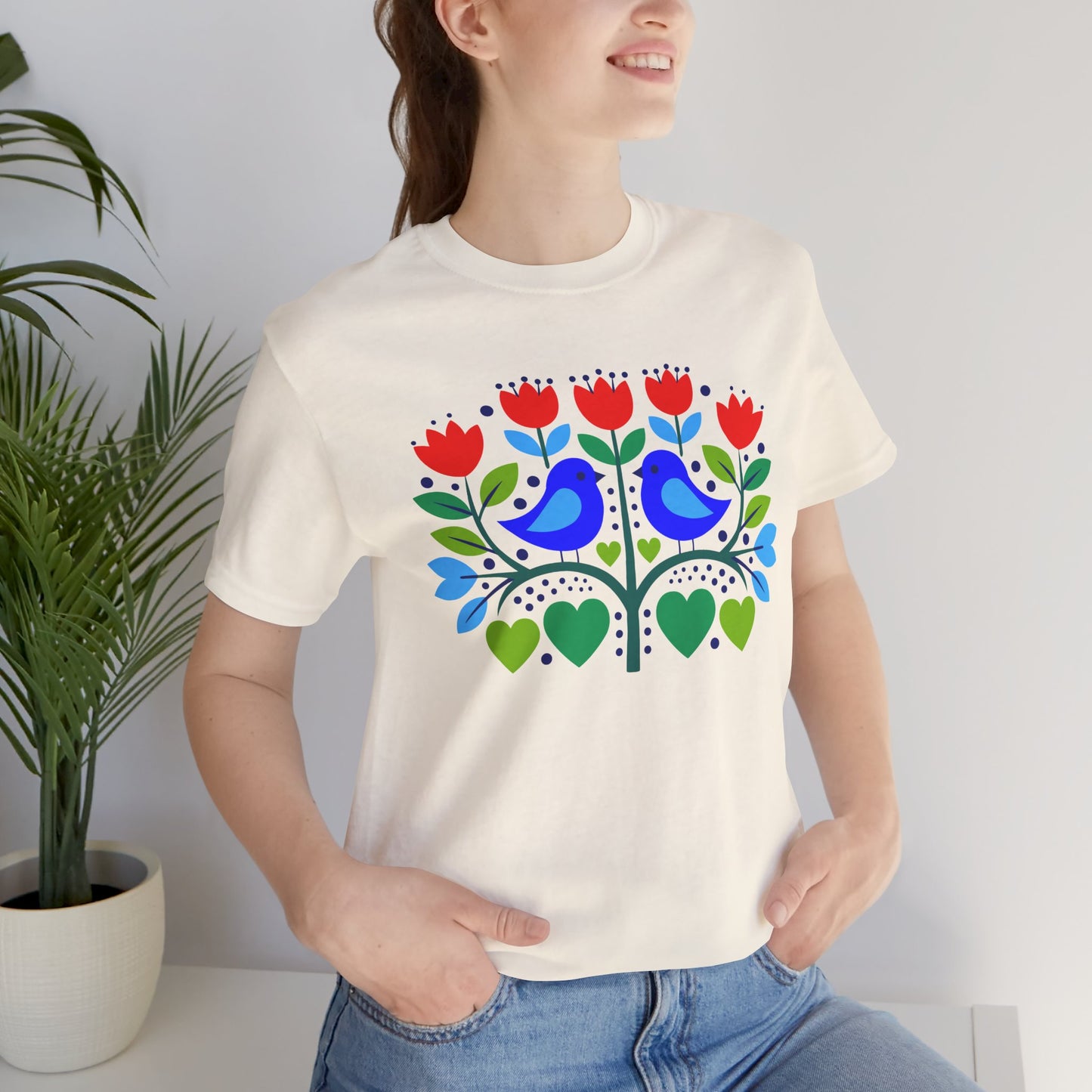 Folk Art Lovebird T-Shirt | Floral Heart Bird Botanical Graphic Tee