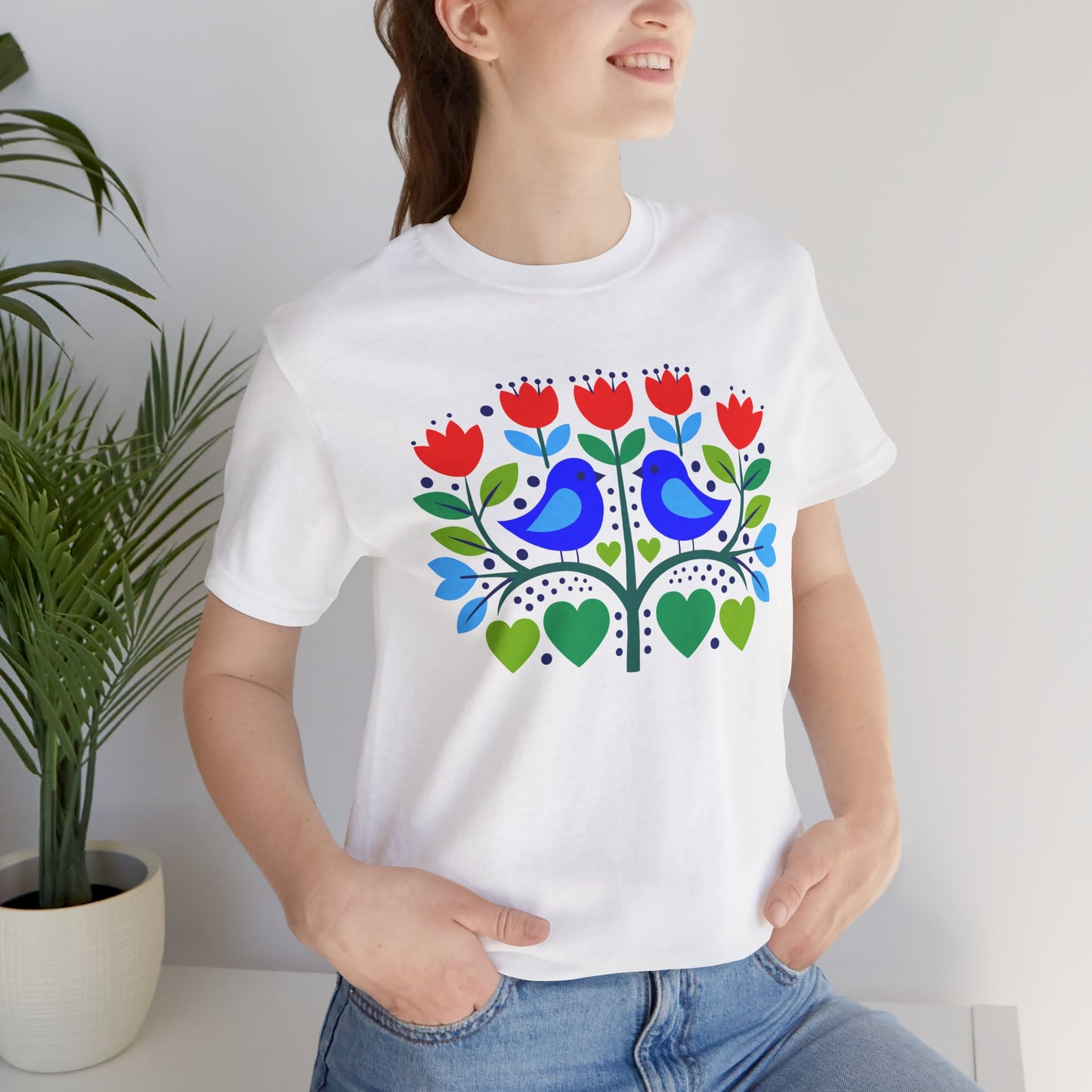 Folk Art Lovebird T-Shirt | Floral Heart Bird Botanical Graphic Tee