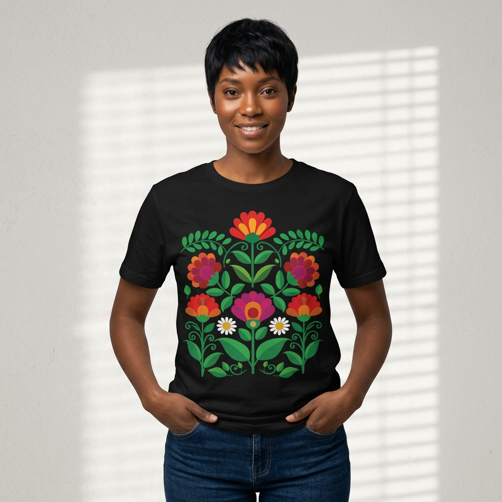 Folk Art Floral Garden T-Shirt | Botanical Flower Graphic Tee | Colorful Nature Shirt