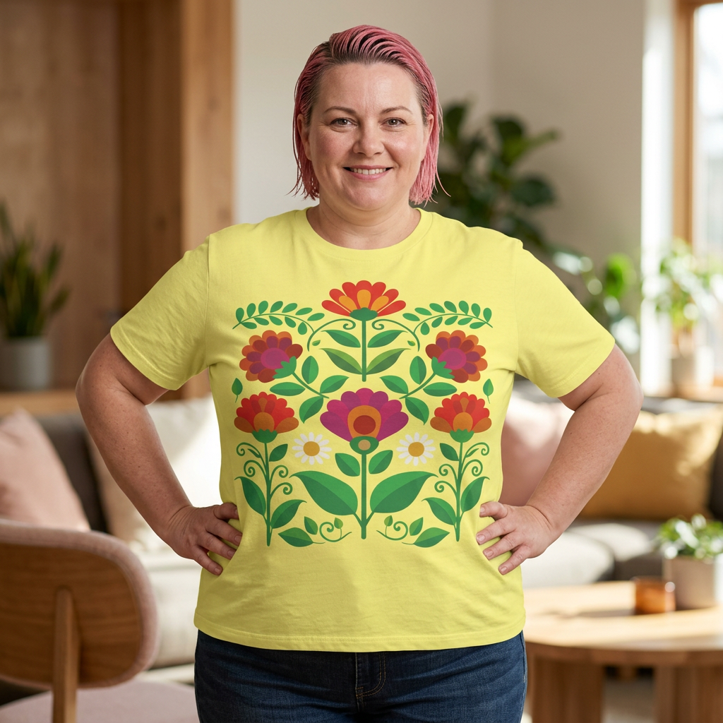 Folk Art Floral Garden T-Shirt | Botanical Flower Graphic Tee | Colorful Nature Shirt