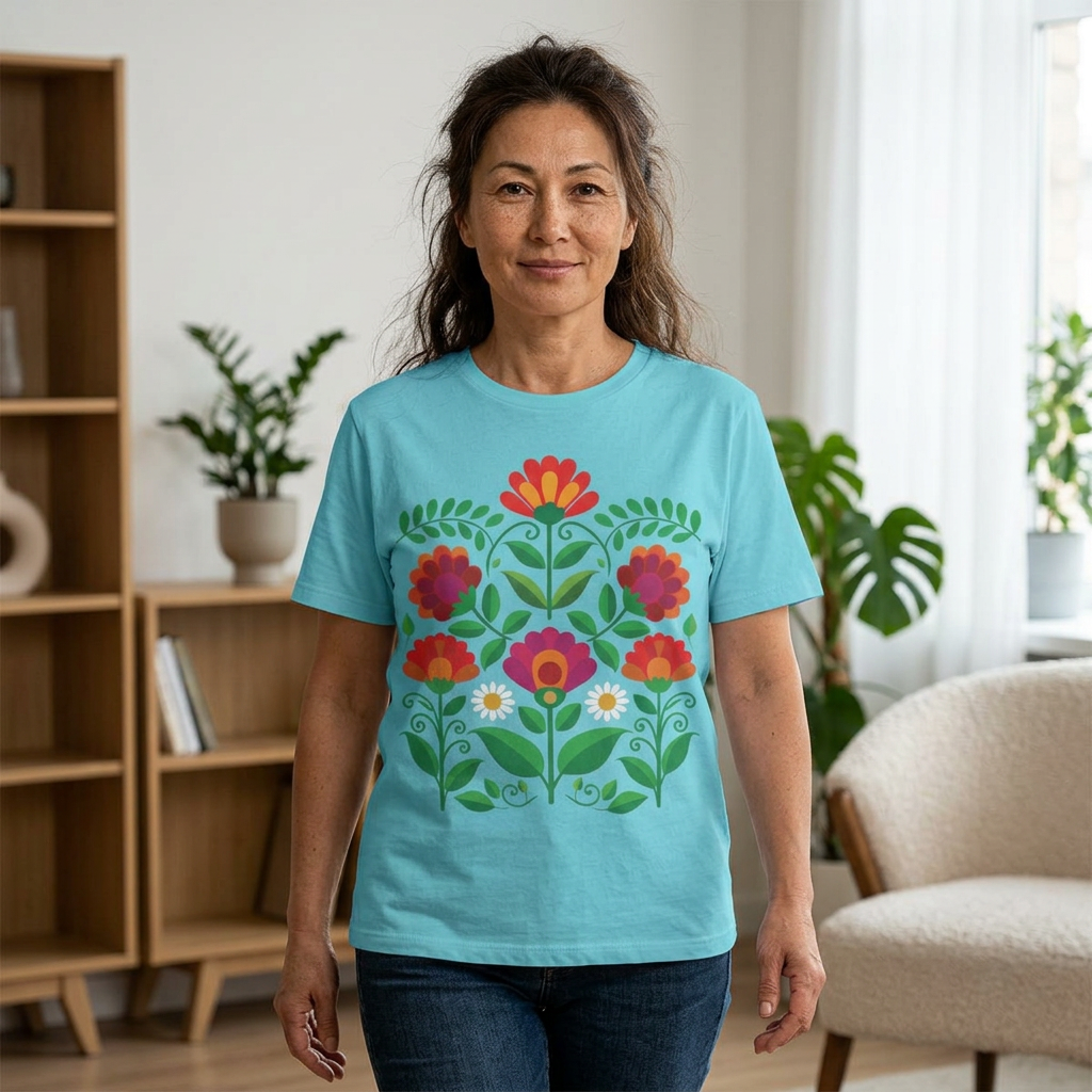 Folk Art Floral Garden T-Shirt | Botanical Flower Graphic Tee | Colorful Nature Shirt