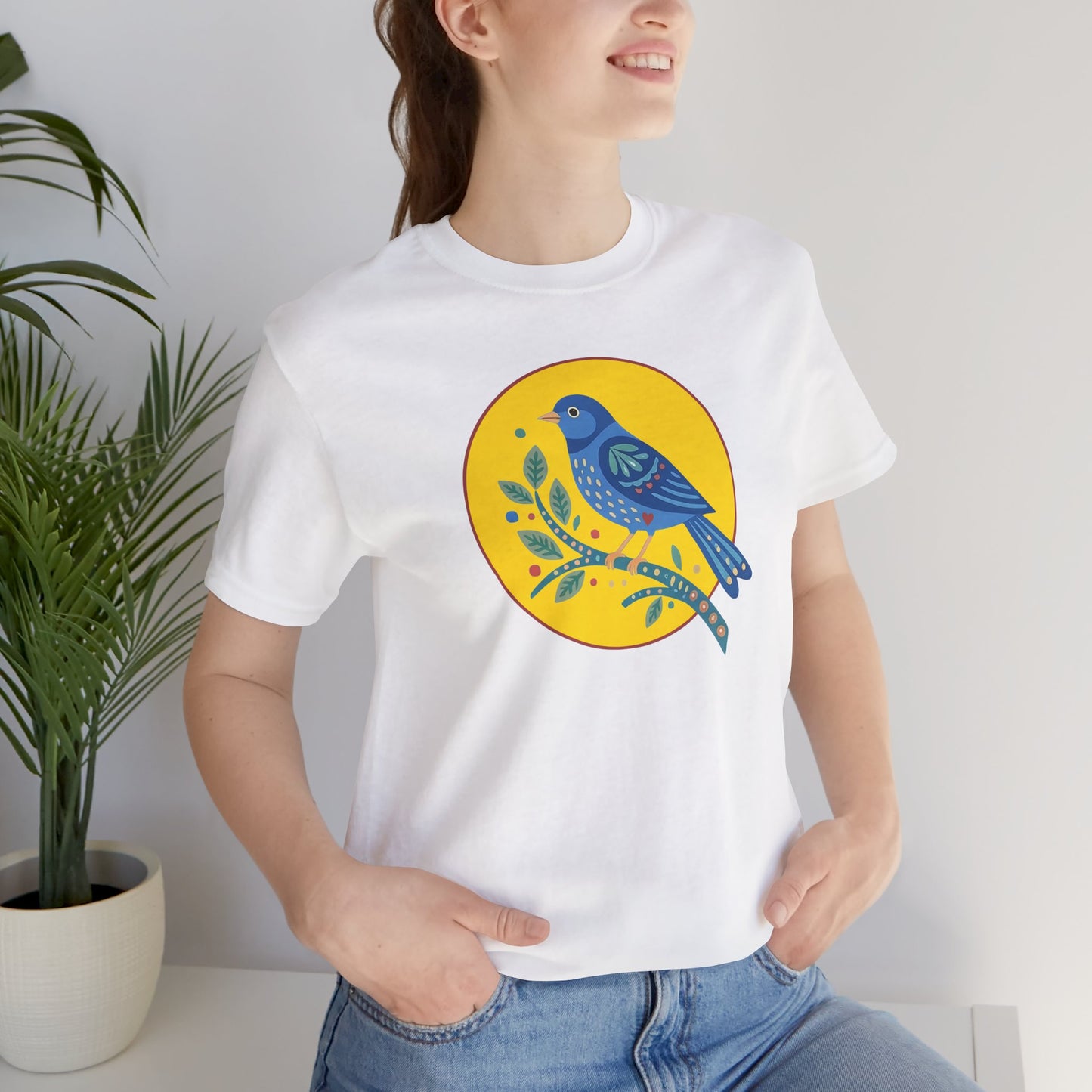 Folk Art Bluebird T-Shirt | Minimal Botanical Bird Graphic Tee | Colorful Nature Shirt