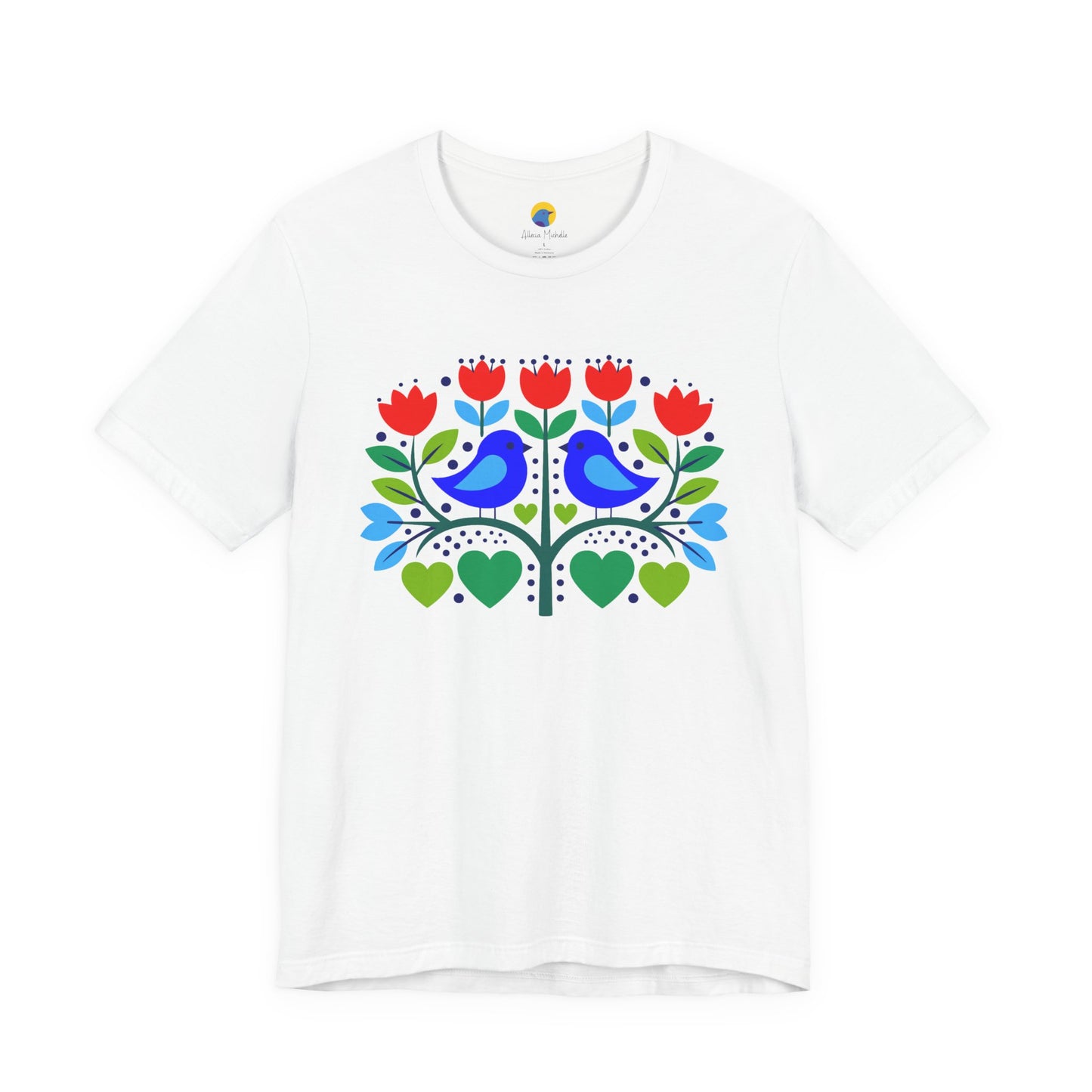 Folk Art Lovebird T-Shirt | Floral Heart Bird Botanical Graphic Tee