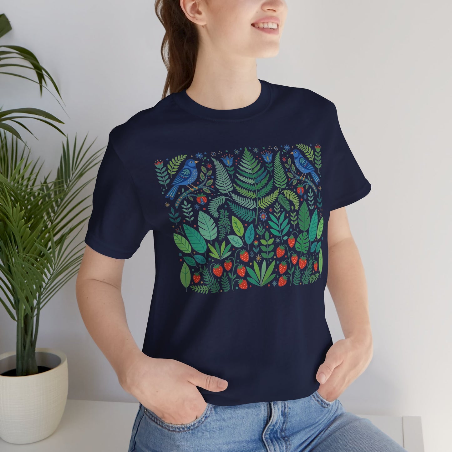 Folk Art Woodland Strawberry Shirt | Botanical Bird Nature Tee