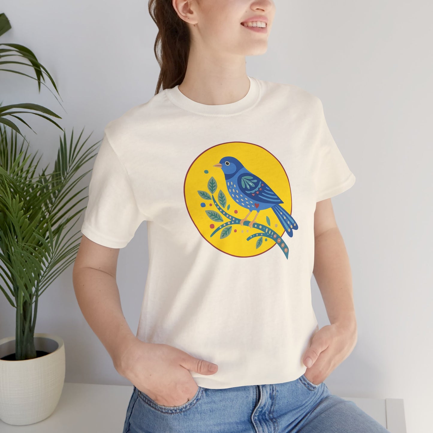 Folk Art Bluebird T-Shirt | Minimal Botanical Bird Graphic Tee | Colorful Nature Shirt
