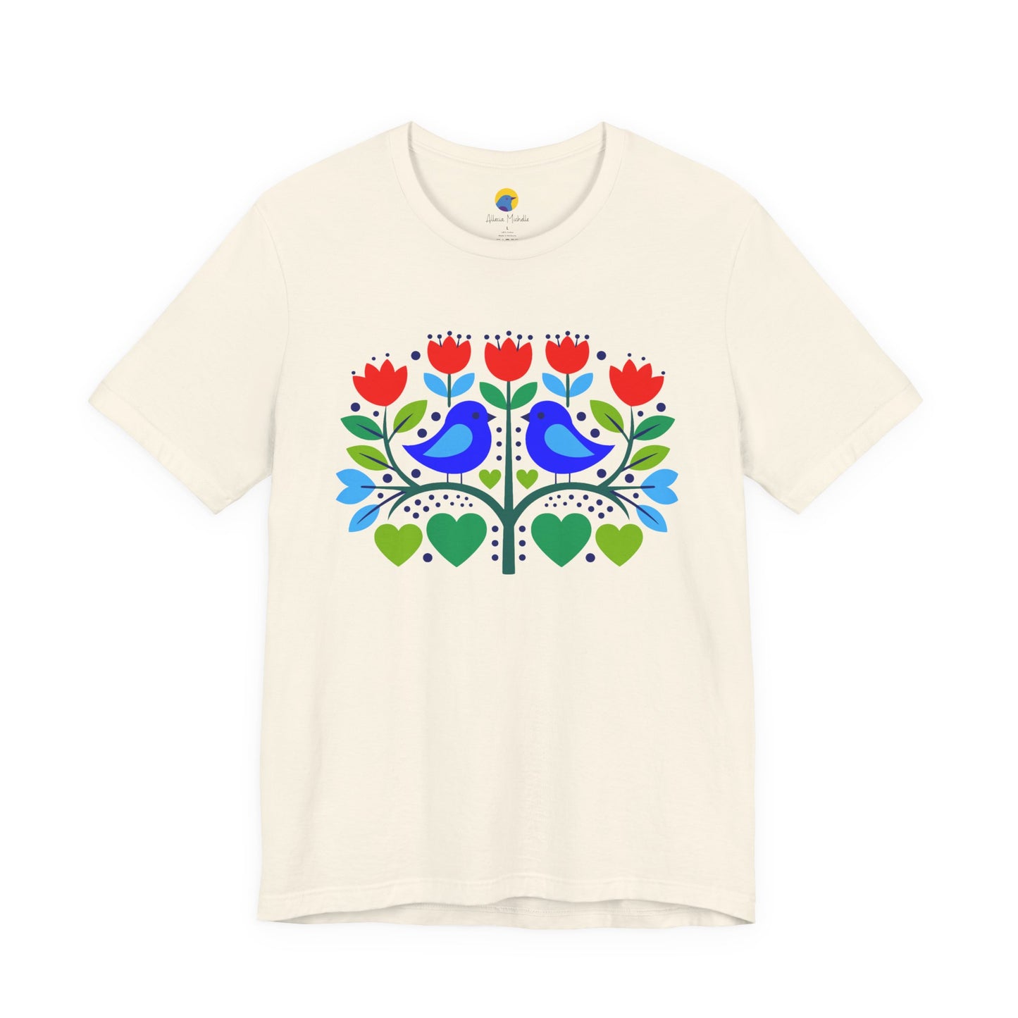 Folk Art Lovebird T-Shirt | Floral Heart Bird Botanical Graphic Tee